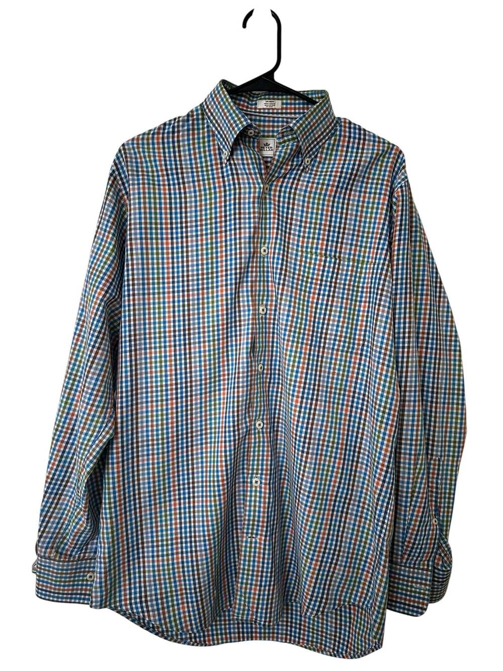 Peter Millar Men’s Medium Blue Multi Plaid Button Down Cotton Shirt Casual